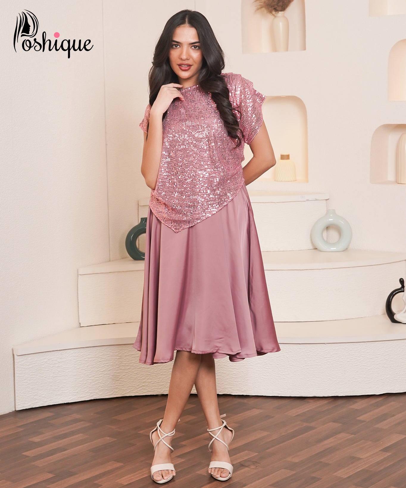 Poshique Rose Sequin Top and Satin Flare Skirt Set